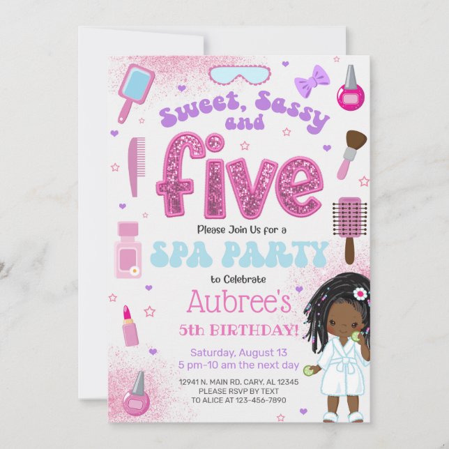 Invitación SPA, girl 5th birthday party invite, 5 year old. (Anverso)