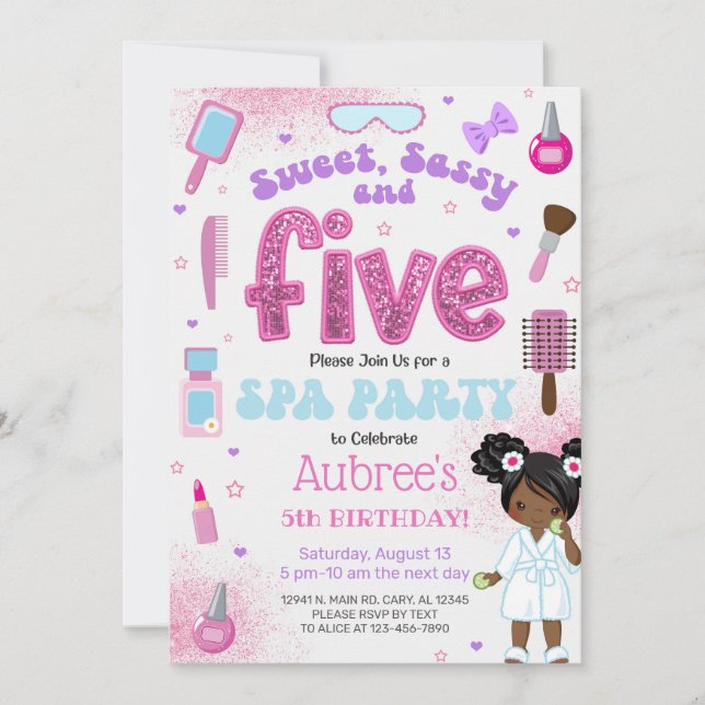 Invitación SPA, girl 5th birthday party invite, 5 year old. (Anverso)