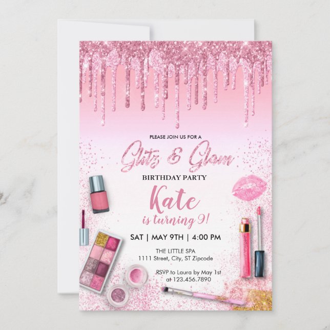 Invitación Spa Glitz y Glam Fiesta Chica Cumpleaños (Anverso)