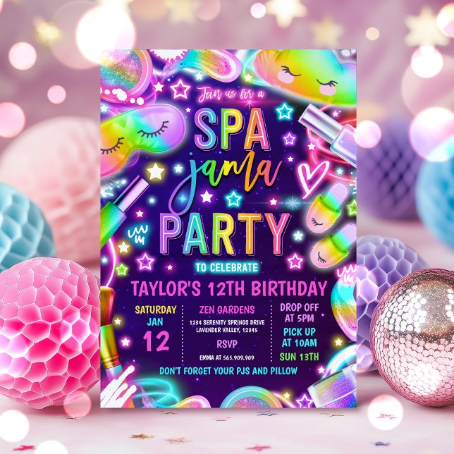 Invitación Spa-Jama Neon Spa Y Fiesta De Cumpleaños De Sleepo (Subido por el creador)