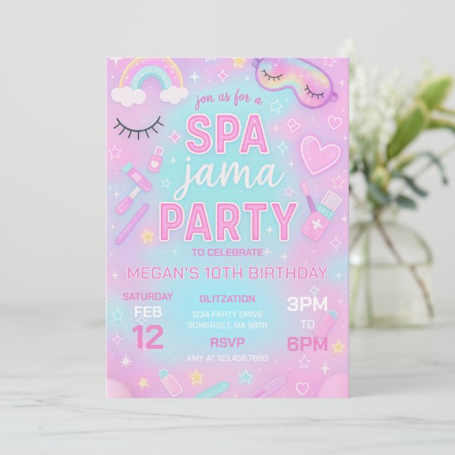 Invitación Spa-Jama Y fiesta de cumpleaños de Sleepover (Anverso de pie)