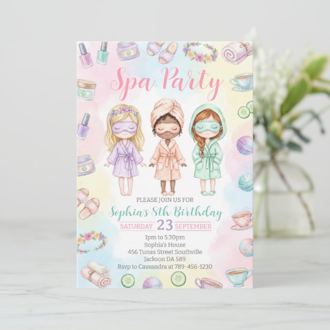 Invitación Spa party girls Glam Birthday party (Anverso de pie)