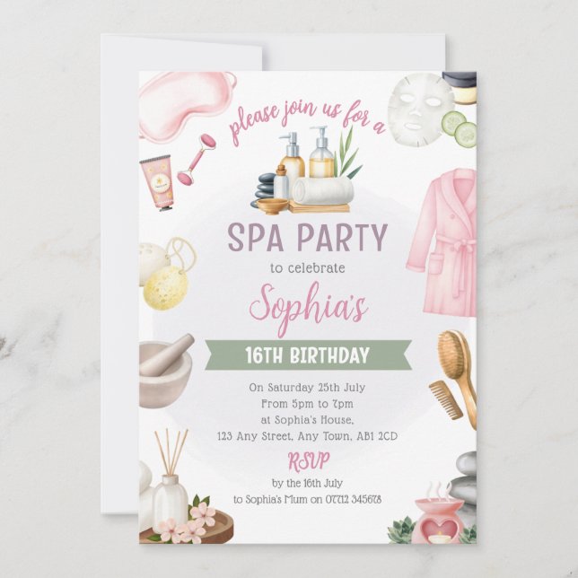 Invitación Spa Party Invitation, Natural Calm Refresh Pamper (Anverso)