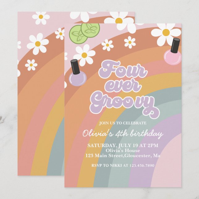 Invitación Spa Rainbow de Cuatro Siempre Genial 4º Cumpleaños (Anverso / Reverso)