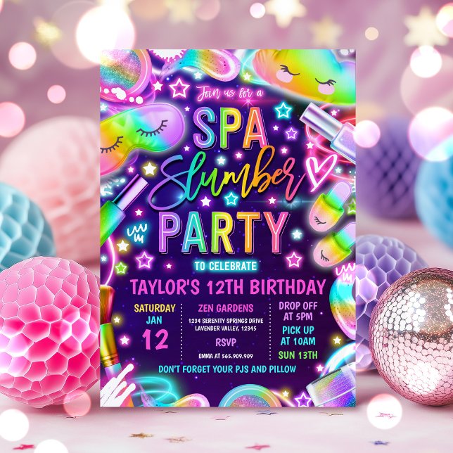 Invitación Spa Slumber Neon Spa Y fiesta de cumpleaños Sleepo (Subido por el creador)