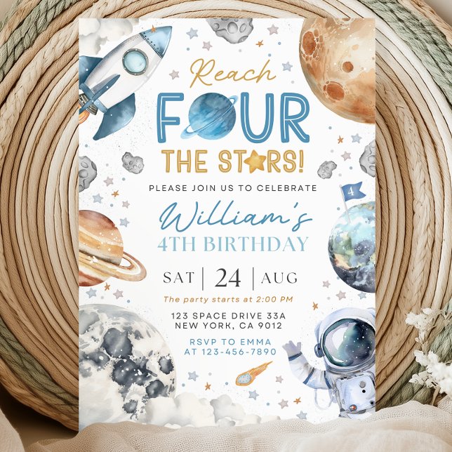 Invitación Space 4th Birthday Inviation, Rech Four The Stars (Subido por el creador)