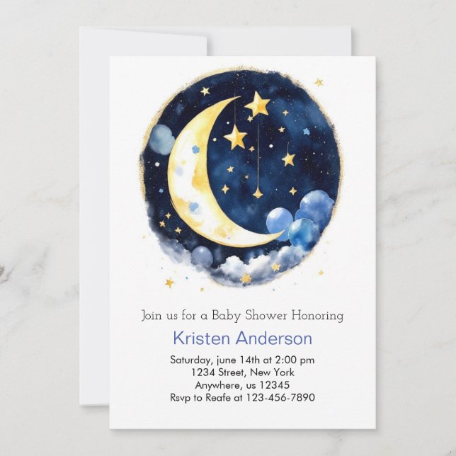 Invitación Space Adventure Moon y Stars Boy Baby Shower (Anverso)