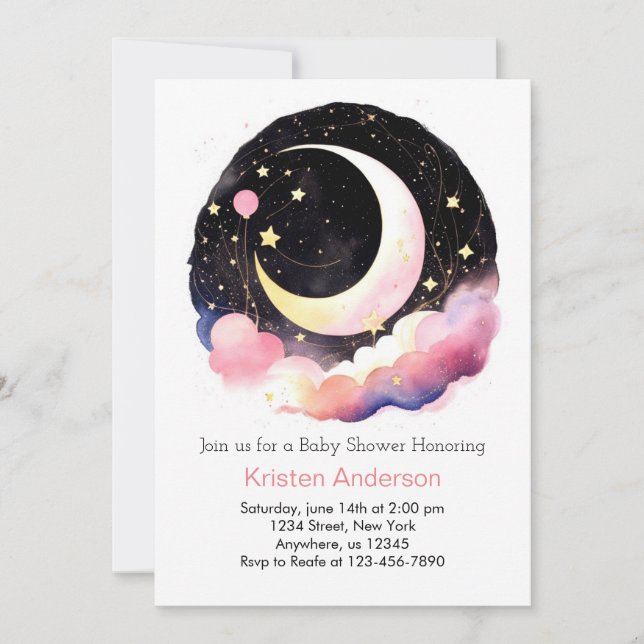 Invitación Space Adventure Moon y Stars Chica Baby Shower (Anverso)