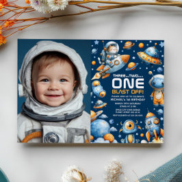 Invitación Space Astronaut Cat Blast Off 1st Birthday Photo