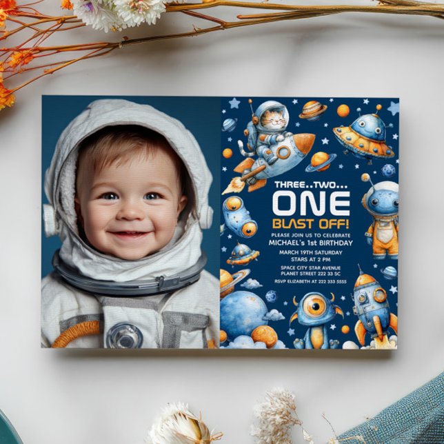 Invitación Space Astronaut Cat Blast Off 1st Birthday Photo (Subido por el creador)