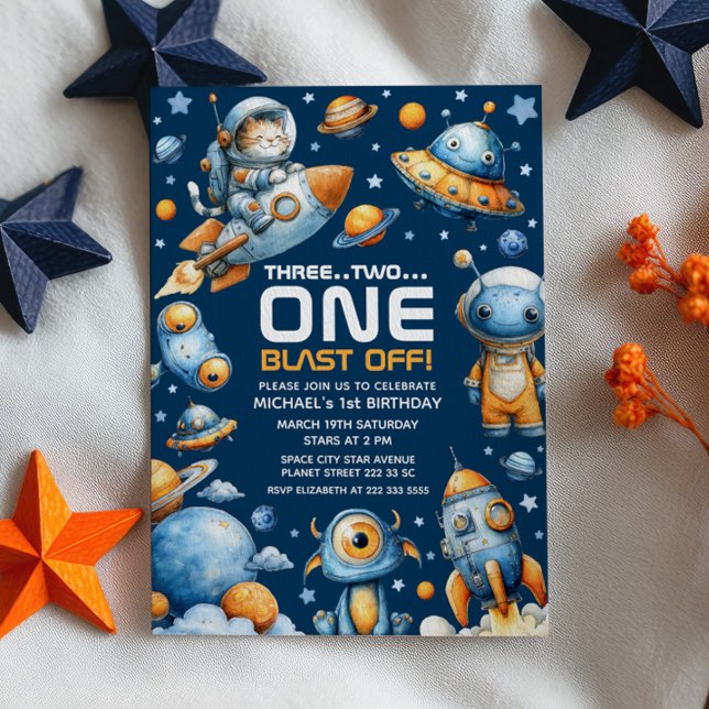 Invitación Space Astronaut Cat Blast Off Cosmic 1st Birthday (Subido por el creador)