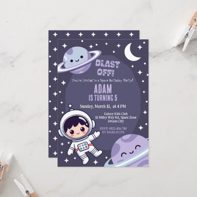 Invitación Space Birthday Party Invitation | Galaxy Astronaut (Anverso/Reverso In Situ)