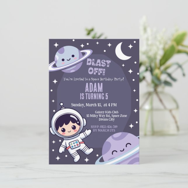 Invitación Space Birthday Party Invitation | Galaxy Astronaut (Anverso de pie)
