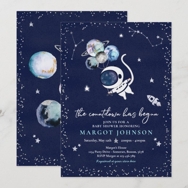 Invitación Space Boy Baby Shower Galaxy Baby Shower Inv (Anverso / Reverso)