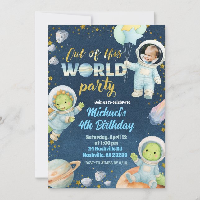 Invitación Space Dinosaur Birthday Invitation with photo (Anverso)