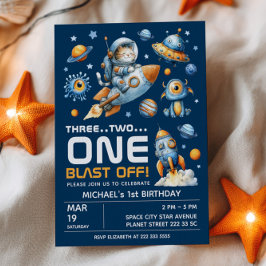 Invitación Space Galaxy Astronaut Cat Blast Off 1st Birthday