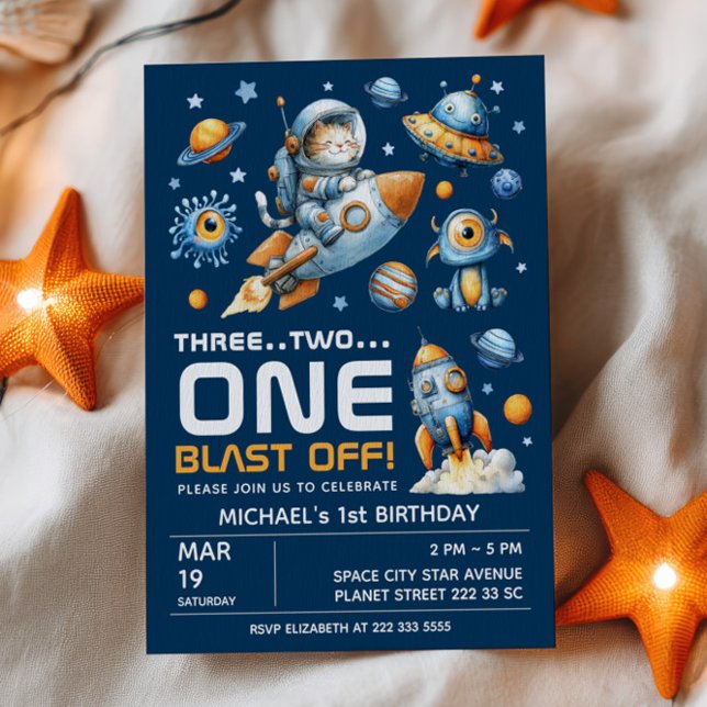 Invitación Space Galaxy Astronaut Cat Blast Off 1st Birthday (Subido por el creador)