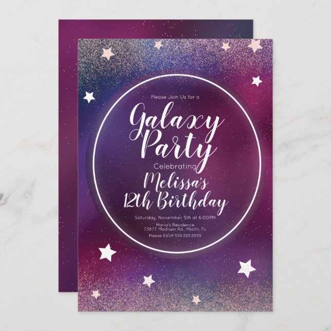 Invitación Space Galaxy Nebula Purpurina Moon Cumpleaños (Anverso / Reverso)