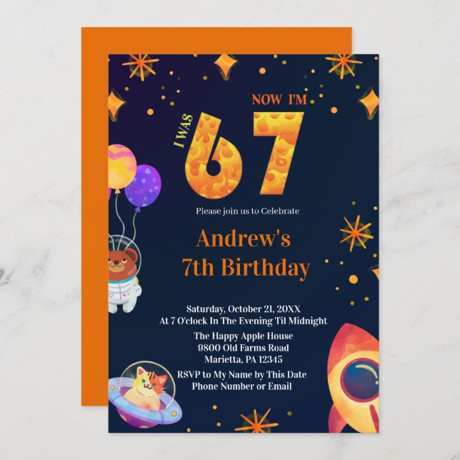 Invitación Space Theme I Was 6 Now I’m 7 Boy Birthday (Anverso / Reverso)