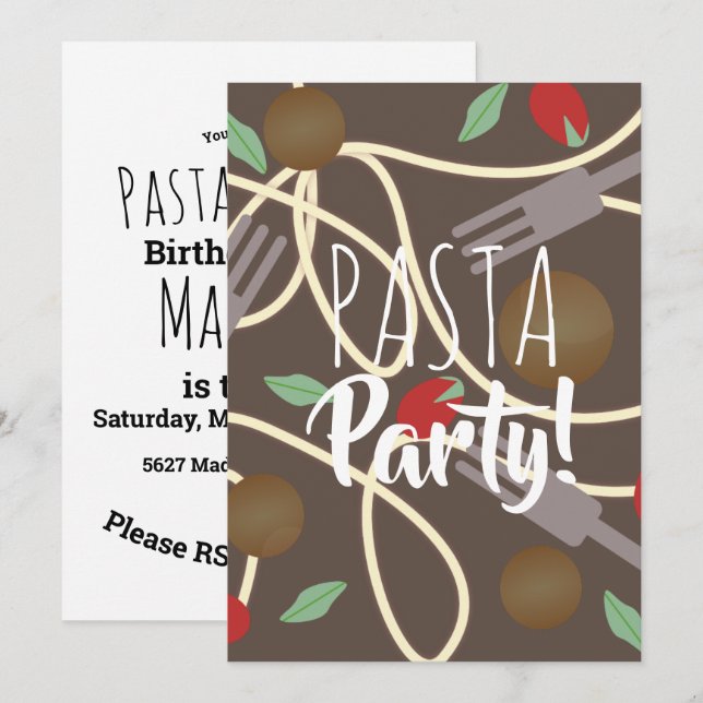 Invitación Spaghetti Pasta Cena Italiana Utensiers albóndigas (Anverso / Reverso)