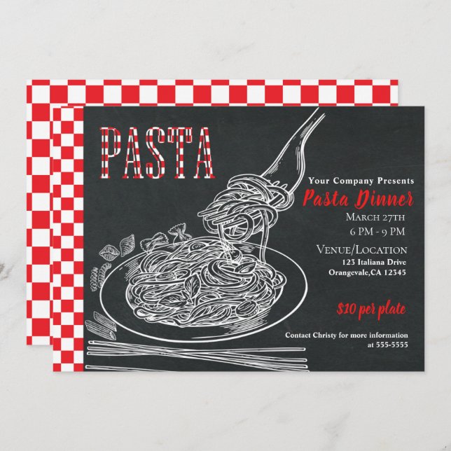 Invitación Spaghetti Pasta Rústico Evento Cena de Fiesta (Anverso / Reverso)