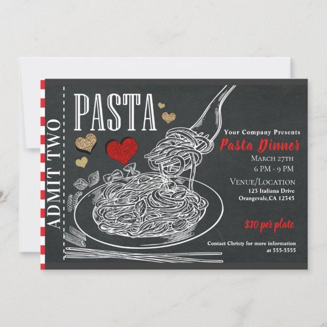 Invitación Spaghetti Pasta Tiza Cena del Día de San Valentín  (Anverso)
