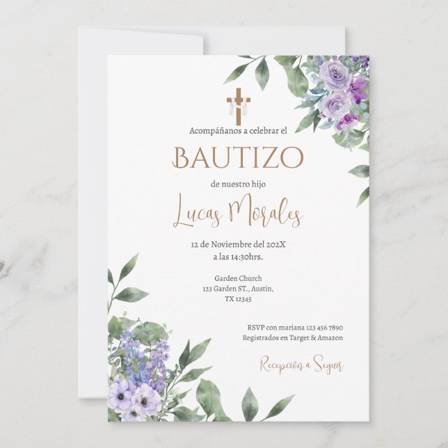 Invitación Spanish Baptism Boy invitation  (Anverso)