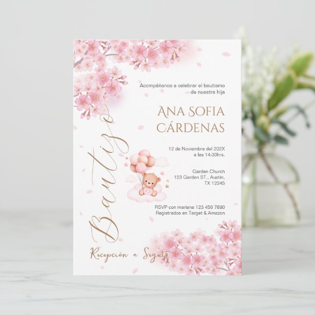 Invitación Spanish Baptism Girl invitation pink (Anverso de pie)