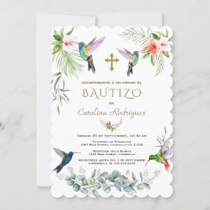 Invitación Spanish Bautizo Pink Flowers Hummingbird Girl