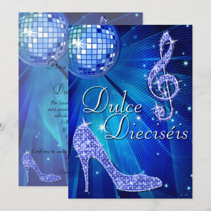 Invitación Spanish Blue Disco Ball & Sparkle Heels Sweet 16