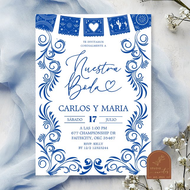 Invitación  Spanish Blue Talavera Frame Nuestra Boda (Subido por el creador)