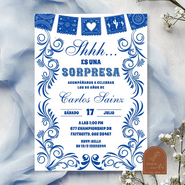 Invitación Spanish Blue Talavera SORPRESA Birthday Fiesta (Subido por el creador)