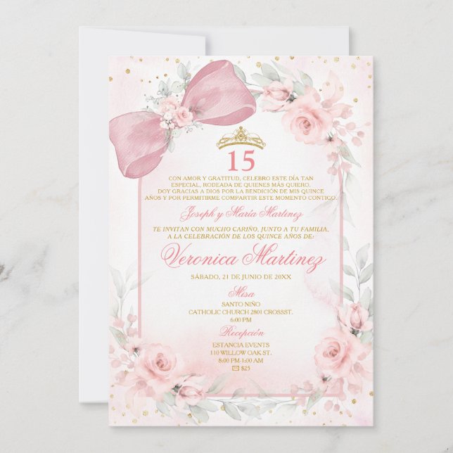 Invitación Spanish Blush Pink Bow Coquette Princess 15 Años (Anverso)