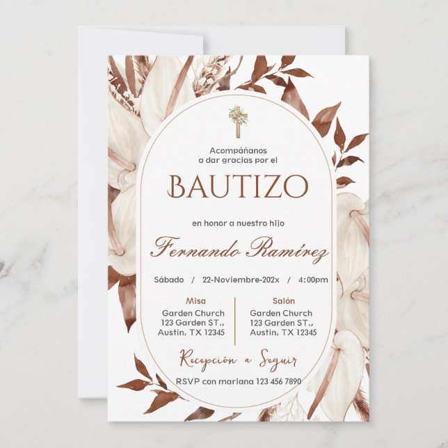 Invitación Spanish Boho Baptism Floral invitation (Anverso)