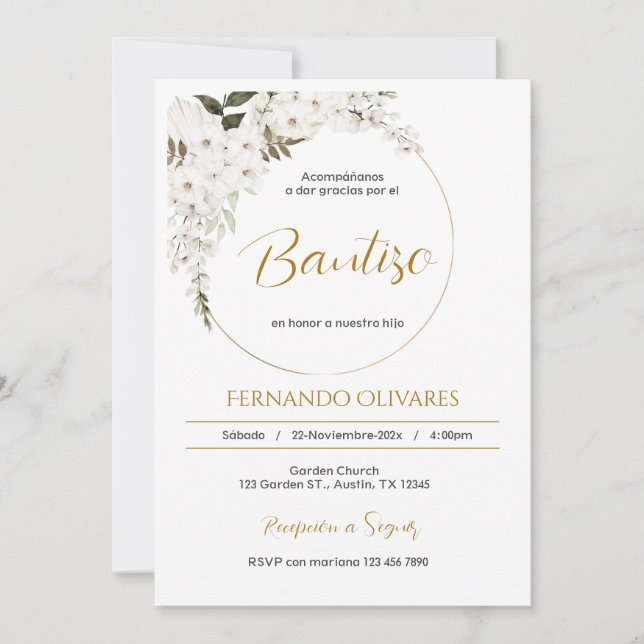 Invitación Spanish Boho Baptism Floral invitation (Anverso)