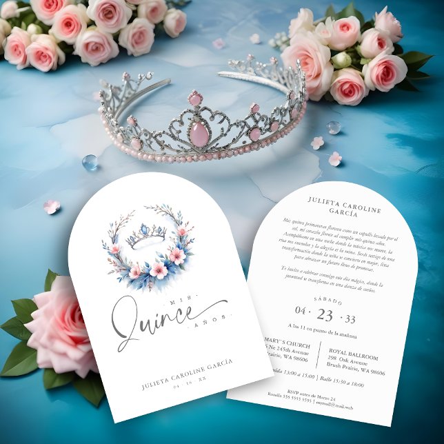 Invitación Spanish Cute Blue Pink Floral Quinceañera Tiara (Spanish Cute Blue & Pink Floral Wreath Quinceañera Invitations Cards with Tiara Design.)