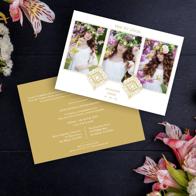 Invitación  Spanish Cute Luxurious Flourish Gold Ornament (Spanish Cute Luxurious Flourish Gold Ornament XV Años Invitation Card.)