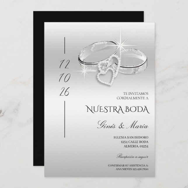 Invitación Spanish Decorative Glitzy Silver Wedding Rings  (Anverso / Reverso)