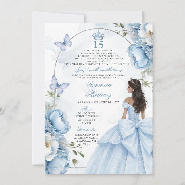 Invitación Spanish Dusty Blue Floral Princess Silver 15 Años  (Anverso)