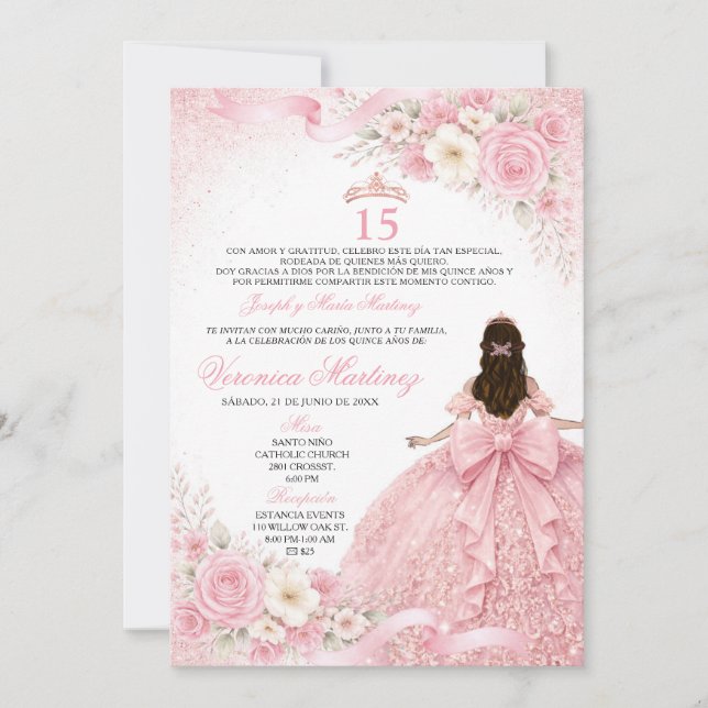 Invitación Spanish Dusty Pink Charra Princess Floral 15 Años (Anverso)