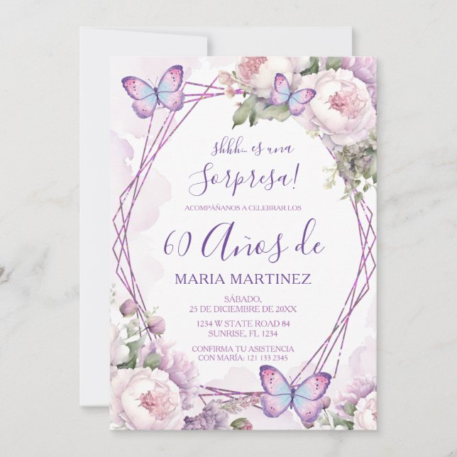 Invitación Spanish Dusty Purple Floral Sorpresa 60th Birthday (Anverso)