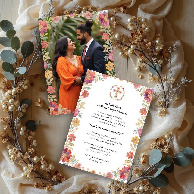 Invitación Spanish Elegant Floral Garland Traditional Mexican (Spanish Elegant Floral Garland Traditional Mexican Embroidery Inspired Wedding Invitation Cards.)