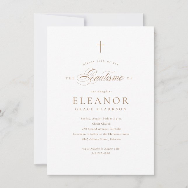 Invitación Spanish Elegant Gold Cross Calligraphy Baptism (Anverso)