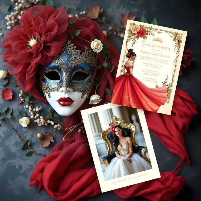 Invitación Spanish Exquisite Chic Quinceañera Masquerade Ball (Spanish Exquisite Elegant Quinceañera Masquerade Ball Golden Effect Invitation Cards.)