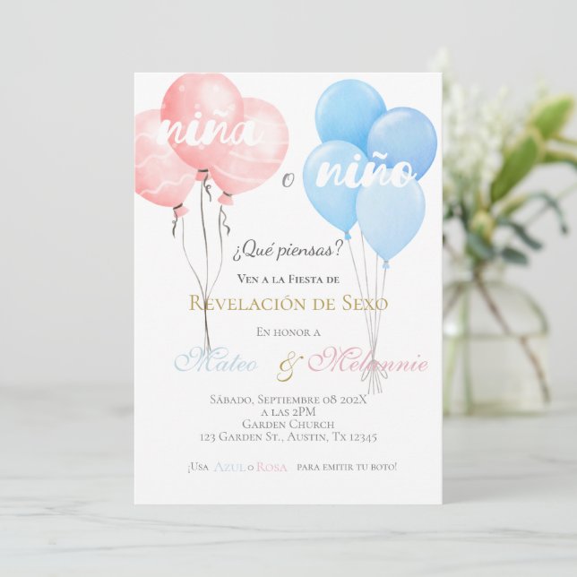 Invitación Spanish Gender Reveal (Anverso de pie)