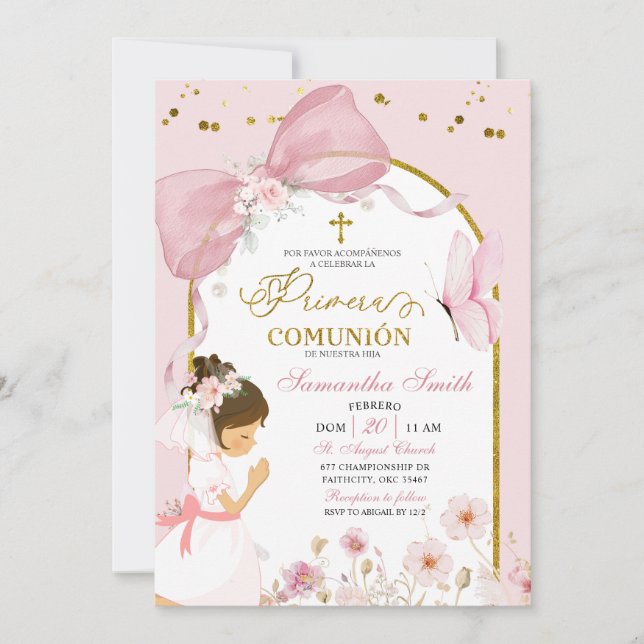 Invitación Spanish Girl Kneeling Pink Bow Primera Comunion (Anverso)