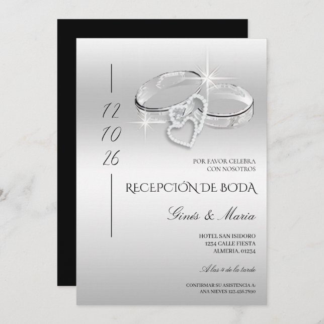 Invitación Spanish Glitzy Silver Wedding Rings Reception (Anverso / Reverso)
