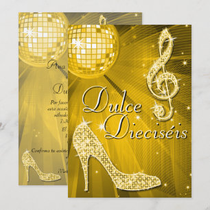 Invitación Spanish Gold Disco Ball & Sparkle Heels Sweet 16