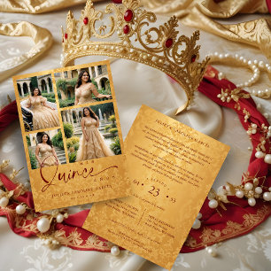 Invitación Spanish Golden & Dark Red Trendy XVs Collage 4 