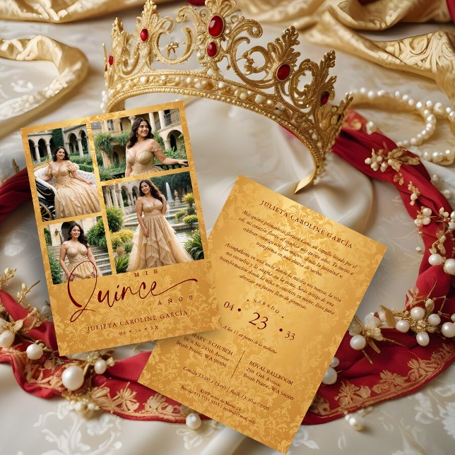 Invitación Spanish Golden & Dark Red Trendy XVs Collage 4  (Spanish Golden & Dark Red Trendy Quinceañera Collage 4 Multi Photos Invitations Cards. )